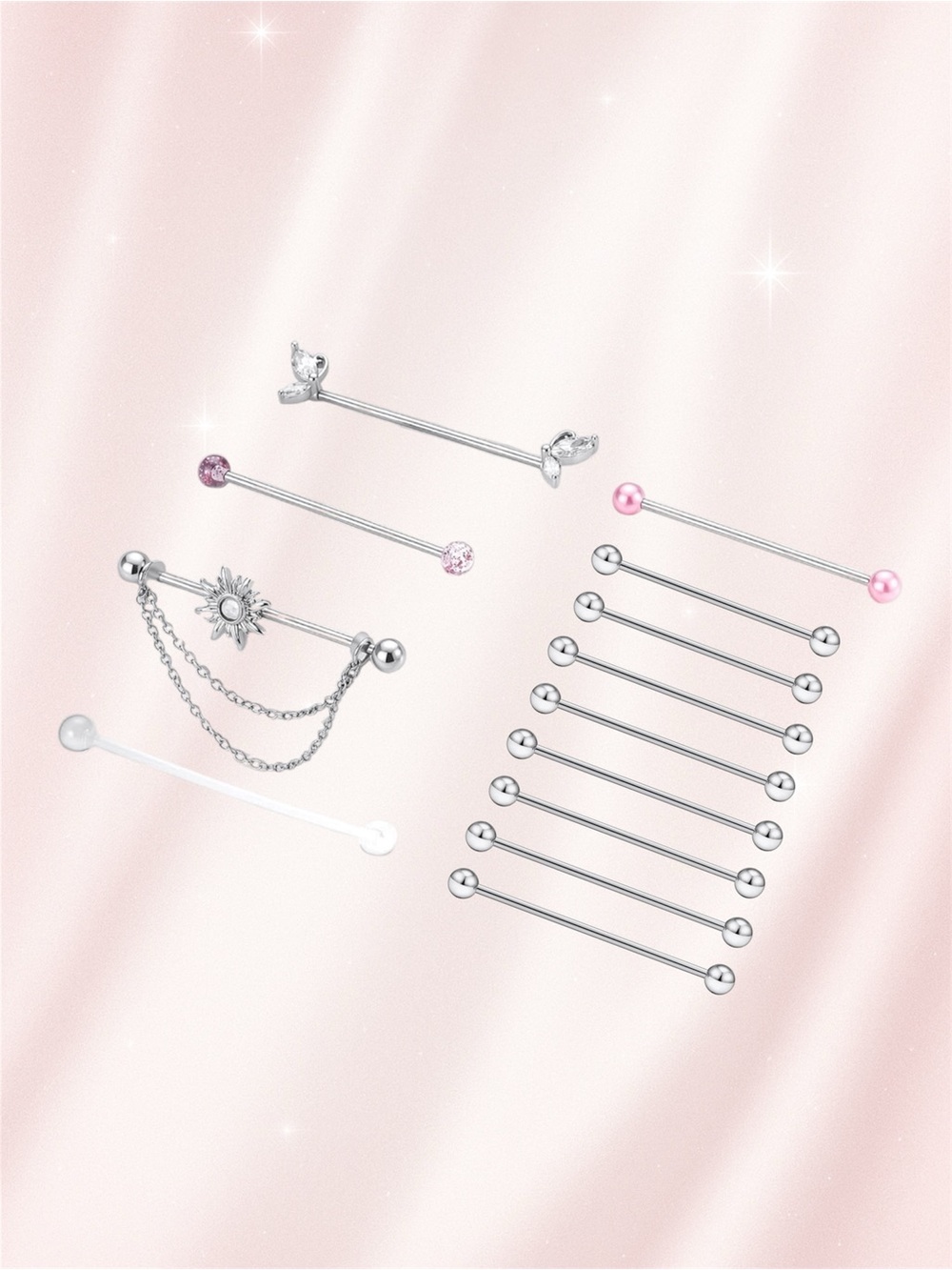 Industrial Piercing Jewelry | Silver Bar Barbell Earrings Pack Stainless Steel
